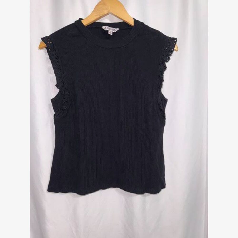 Nanette Lepore Black Rib Knit Eyelet Ruffle Cap Sleeve Top Women's Size Large